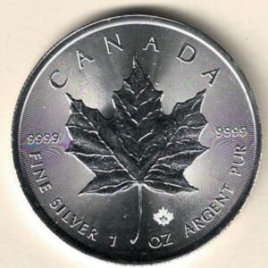 2018 Silver Canada One Ounce Maple. Elizabeth II is on the obverse, The Maple is on the reverse. The coin contains one ounce of 9999 fine silver.