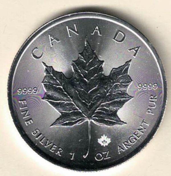 2018 Silver Canada One Ounce Maple. Elizabeth II is on the obverse, The Maple is on the reverse. The coin contains one ounce of 9999 fine silver.