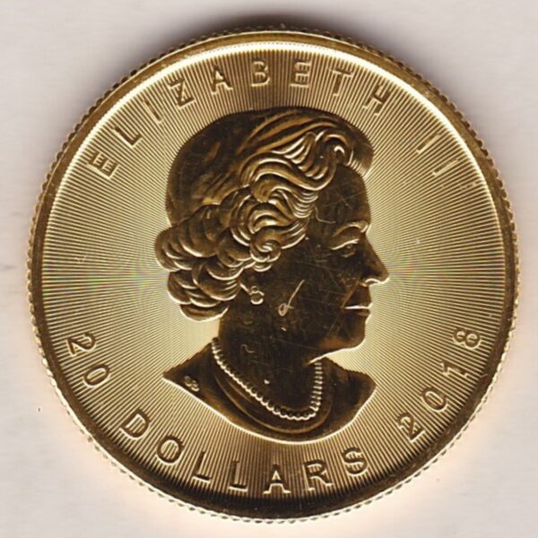 2018 Gold Canada Half Ounce coin. Investment half ounce gold coin featuring Queen Elizabeth II on the Obverse. The Maple leaf on the Reverse.