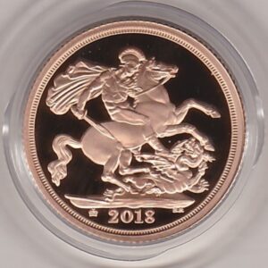 2018 Gold Proof Sovereign coin featuring the fifth portrait of queen Elizabeth II Obverse & St George and the Dragon Reverse. As issued by the royal mint.