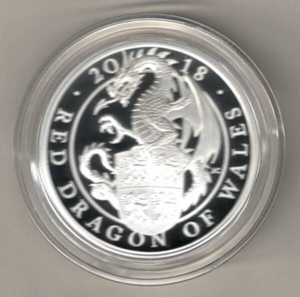 2018 Silver Proof One Ounce Red Dragon of Wales. The coin contains one ounce of 999 fine silver. All of our silver coins are in stock.