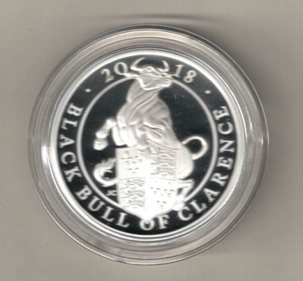 2018 Silver Proof One Ounce Black Bull of Clarence. The coin contains one ounce of 999 fine silver. All of our silver coins are in stock.