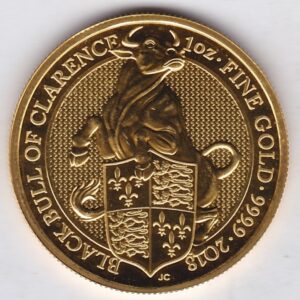 2018 Gold One Ounce Bull Of Clarence coin featuring Queen Elizabeth II on the obverse and the Bull of Clarence on the reverse. One ounce fine gold coin.