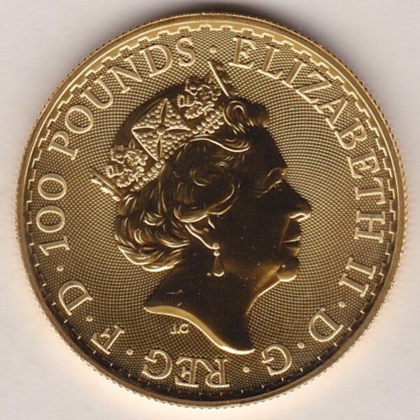 2018 Gold One Ounce Oriental Boarder coin. The coin features Queen Elizabeth II on the Obverse and Britannia on the Reverse with oriental boarder.