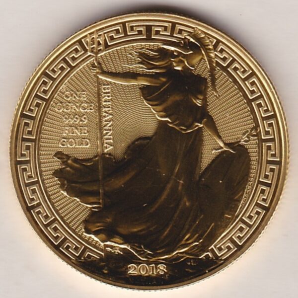 2018 Gold One Ounce Oriental Boarder coin. The coin features Queen Elizabeth II on the Obverse and Britannia on the Reverse with oriental boarder.