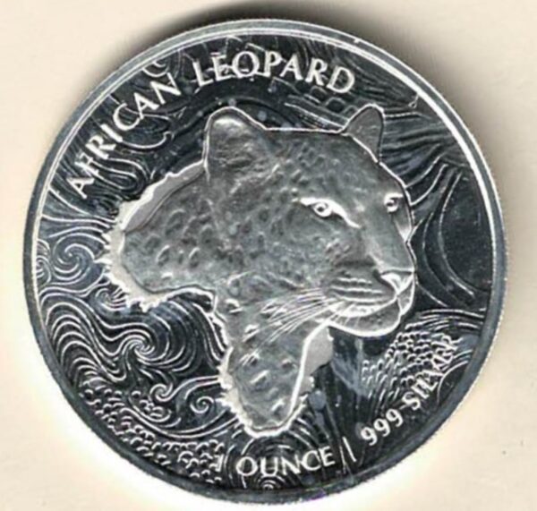 2019 Silver Ghana One Ounce Leopard. Elizabeth II is on the obverse, The African Leopard is on the reverse. The coin contains one ounce of 999 fine silver.