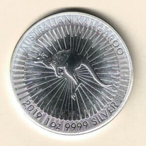 2019 Silver Australia One Ounce Kangaroo. Elizabeth II is on the obverse, The kangaroo is on the reverse. The coin contains one ounce of 9999 fine silver.