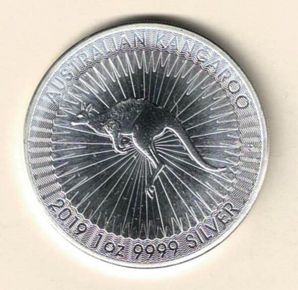 2019 Silver Australia One Ounce Kangaroo. Elizabeth II is on the obverse, The kangaroo is on the reverse. The coin contains one ounce of 9999 fine silver.