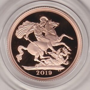 2019 Gold Proof Sovereign coin featuring the fifth portrait of queen Elizabeth II Obverse & St George and the Dragon Reverse. As issued by the royal mint.