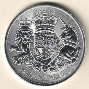 2019 Silver Royal Arms One Ounce Coin. The coin contains one ounce of 999 fine silver. All of our silver coins are in stock.
