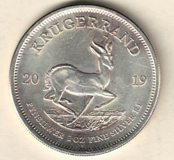 2019 Silver South Africa One Ounce Krugerrand. Paul Kruger is on the obverse. The coin contains one ounce of 999 fine silver