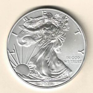 2019 Silver USA One Ounce Eagle. The liberty is on the obverse, The eagle is on the reverse. The coin contains one ounce of 999 fine silver.