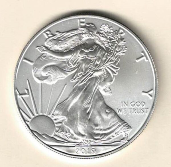 2019 Silver USA One Ounce Eagle. The liberty is on the obverse, The eagle is on the reverse. The coin contains one ounce of 999 fine silver.