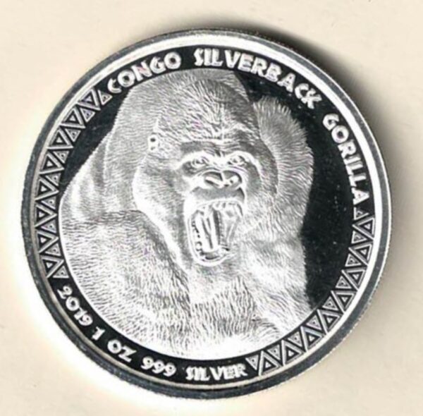 2019 Silver Congo One Ounce Gorilla. This Coin does feature a Silverback Gorilla. The coin contains one ounce of 999 fine silver.