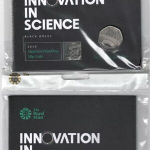 Two 2019 Fifty Pence Stephen Hawking cupro nickel coin featuring Queen Elizabeth II on the Obverse. The reverse has a black hole design.