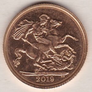 2019 Gold Sovereign Coin. This coin features the fifth portrait of Queen Elizabeth II on the obverse. St George and dragon on the reverse.