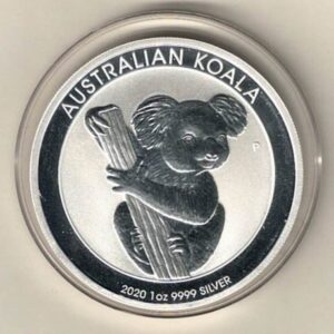 2020 Silver Australia One Ounce Koala. Elizabeth II is on the obverse, The Koala is on the reverse. The coin contains one ounce of 9999 fine silver.