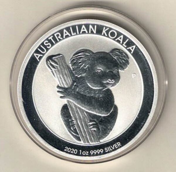 2020 Silver Australia One Ounce Koala. Elizabeth II is on the obverse, The Koala is on the reverse. The coin contains one ounce of 9999 fine silver.