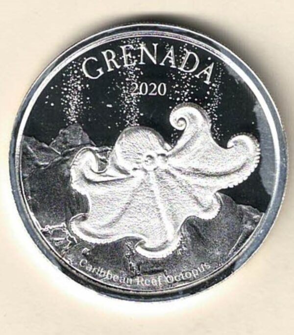 2020 Silver Grenada One Ounce Octopus. Elizabeth II is on the obverse, The Reef Octopus is on the reverse. The coin contains one ounce of 999 fine silver.