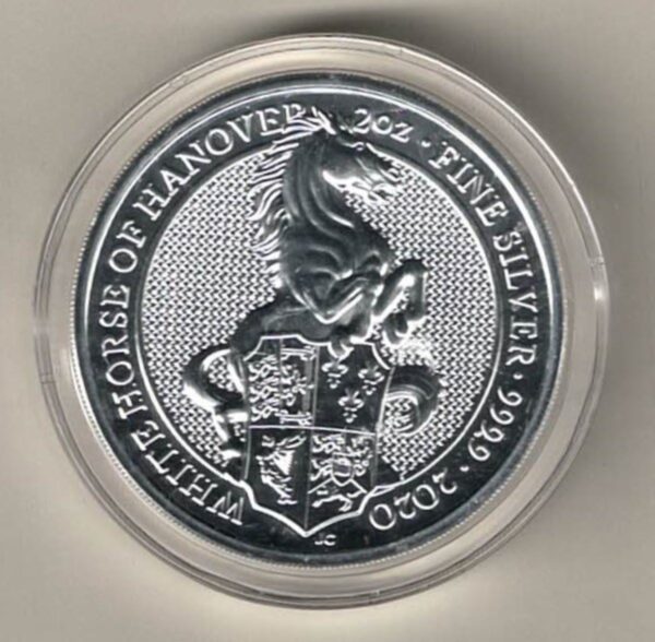 2020 Two Ounce Silver Coin Royal Mint Queen's Beasts Horse of Hanover. This coin was issued as part of the Queen's Beasts series by the Royal Mint.