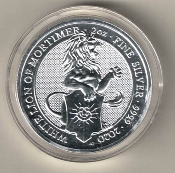 2020 Two Ounce Silver Coin Royal Mint Queen's Beasts White Lion of Mortimer. This coin was issued as part of the Queen's Beasts series by the Royal Mint.