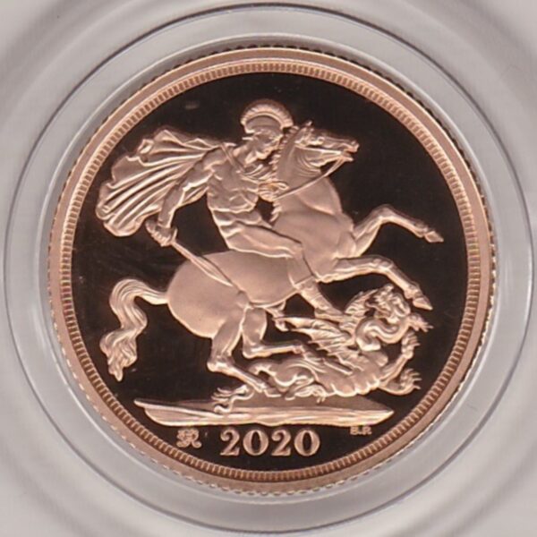 2020 Gold Proof Sovereign coin featuring the fifth portrait of queen Elizabeth II Obverse & St George and the Dragon Reverse. As issued by the royal mint.