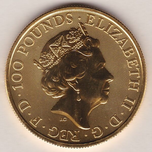 2020 Gold One Ounce Royal Arms coin featuring Queen Elizabeth II on the obverse and the royal arms on the reverse. One ounce fine gold coin.