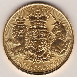 2020 Gold One Ounce Royal Arms coin featuring Queen Elizabeth II on the obverse and the royal arms on the reverse. One ounce fine gold coin.