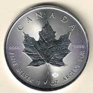 2021 Silver Canada One Ounce Maple. Elizabeth II is on the obverse, The Maple is on the reverse. The coin contains one ounce of 9999 fine silver.