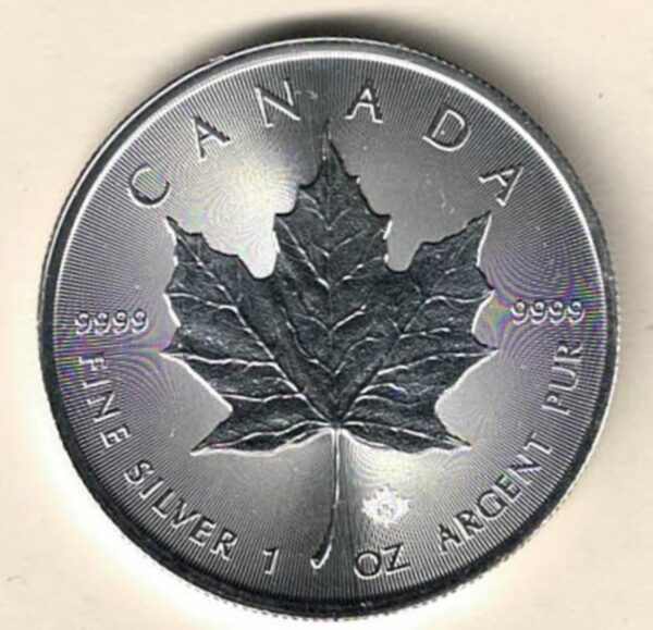 2021 Silver Canada One Ounce Maple. Elizabeth II is on the obverse, The Maple is on the reverse. The coin contains one ounce of 9999 fine silver.