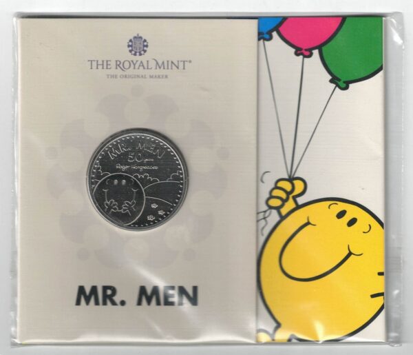 2021 Five Pounds Mr Happy cupro nickel coin featuring Queen Elizabeth II on the Obverse and Mr Happy on the Reverse side of this coin.