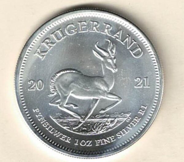 2021 Silver South Africa One Ounce Krugerrand. Paul Kruger is on the obverse. The coin contains one ounce of 999 fine silver