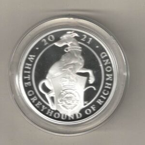 2021 Silver Proof One Ounce White greyhound of Richmond. The coin contains one ounce of 999 fine silver. All of our silver coins are in stock.