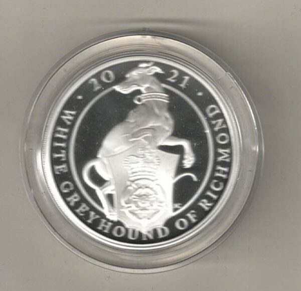 2021 Silver Proof One Ounce White greyhound of Richmond. The coin contains one ounce of 999 fine silver. All of our silver coins are in stock.