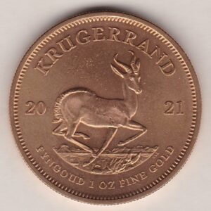 2021 South Africa Gold One Ounce Krugerrand. Investment one ounce gold coin featuring Paul Kruger on the Obverse. The springbok on the Reverse.