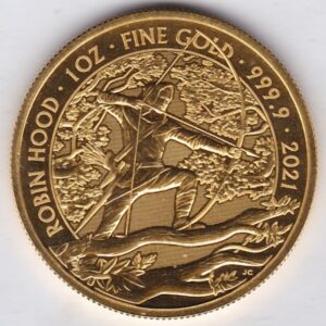 2021 Gold One Ounce Robin Hood coin featuring Queen Elizabeth III on the Obverse. The image of Robin Hood on the Reverse.