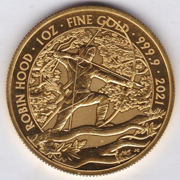 2021 Gold One Ounce Robin Hood coin featuring Queen Elizabeth III on the Obverse. The image of Robin Hood on the Reverse.