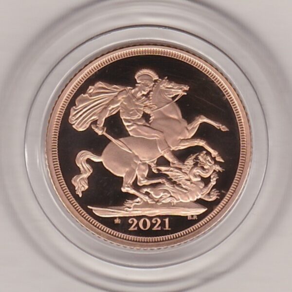 2021 gold proof sovereign coin featuring queen Elizabeth II on the Obverse & St George and the Dragon Reverse. This coin comes as issued by the royal mint.