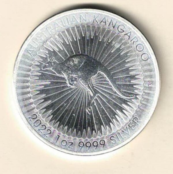 2022 Silver Australia One Ounce Kangaroo. Elizabeth II is on the obverse, The kangaroo is on the reverse. The coin contains one ounce of 9999 fine silver.