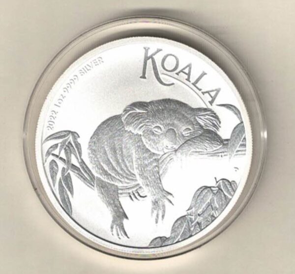 2022 Silver Australia One Ounce Koala. Elizabeth II is on the obverse, The Koala is on the reverse. The coin contains one ounce of 9999 fine silver.