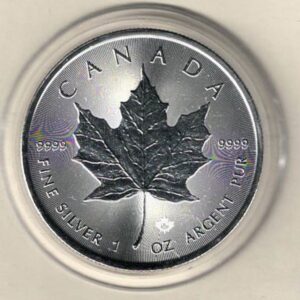 2022 Silver Canada One Ounce Maple. Elizabeth II is on the obverse, The Maple is on the reverse. The coin contains one ounce of 9999 fine silver.