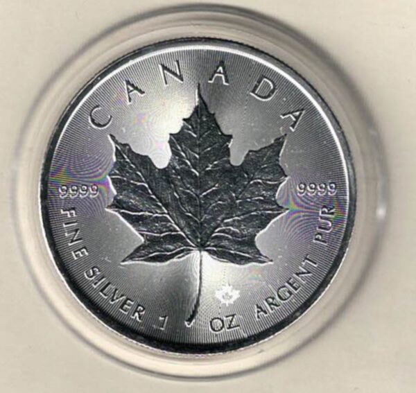 2022 Silver Canada One Ounce Maple. Elizabeth II is on the obverse, The Maple is on the reverse. The coin contains one ounce of 9999 fine silver.