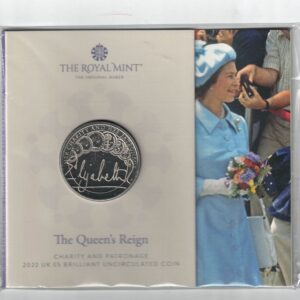 2022 Five Pounds featuring Queen Elizabeth II on the Obverse and Her Charity and Her Patronage on the Reverse side of the coin.