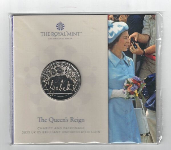 2022 Five Pounds featuring Queen Elizabeth II on the Obverse and Her Charity and Her Patronage on the Reverse side of the coin.