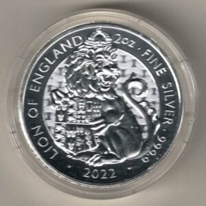 2022 Two Ounce Silver Coin Royal Mint Tudor Beasts Lion of England. This coin was issued as part of the Queen's Beasts series by the Royal Mint.