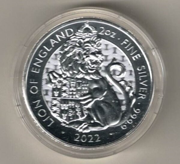 2022 Two Ounce Silver Coin Royal Mint Tudor Beasts Lion of England. This coin was issued as part of the Queen's Beasts series by the Royal Mint.