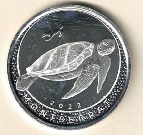 2022 Silver Montserrat One Ounce Turtle. Elizabeth II is on the obverse, The Turtle is on the reverse. The coin contains one ounce of 999 fine silver.