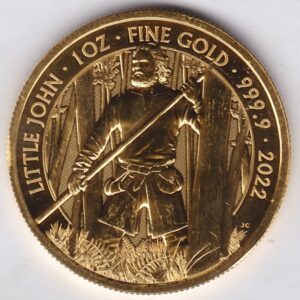 2022 Gold One Ounce Little John coin featuring Queen Elizabeth III on the Obverse. The image of Little John on the Reverse.