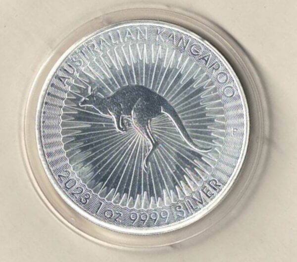 2023 Silver Australia One Ounce Kangaroo. Elizabeth II is on the obverse, The kangaroo is on the reverse. The coin contains one ounce of 9999 fine silver.