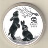 2023 Silver Australia One Ounce Rabbits. Elizabeth II is on the obverse, The two rabbits is on the reverse. The coin contains one ounce of 9999 fine silver.